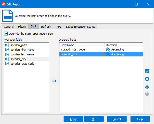 This image shows the Edit Report dialog with the Sort tab selected.  Several fields are selected to be sorted in ascending order.